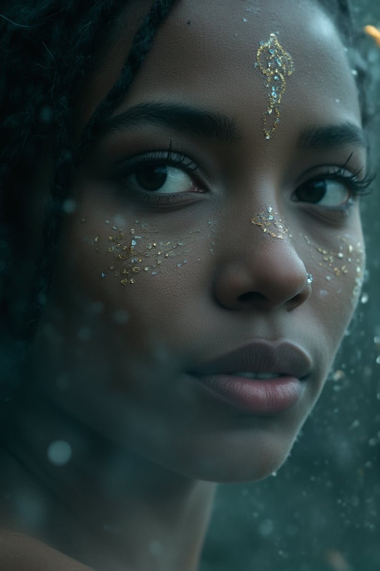 Whispers of the Abyss: A mystical portrait of Akua, shrouded in misty veils, as if conjured from the depths of the ocean. Soft focus envelops her ethereal visage, highlighting the intricate patterns on her skin like delicate filigree. Romanesque arches frame her face, where gentle shadows dance with soft, golden light, imbuing the image with an otherworldly essence. Her eyes gleam like moonlit pearls, as if holding secrets of the abyss.