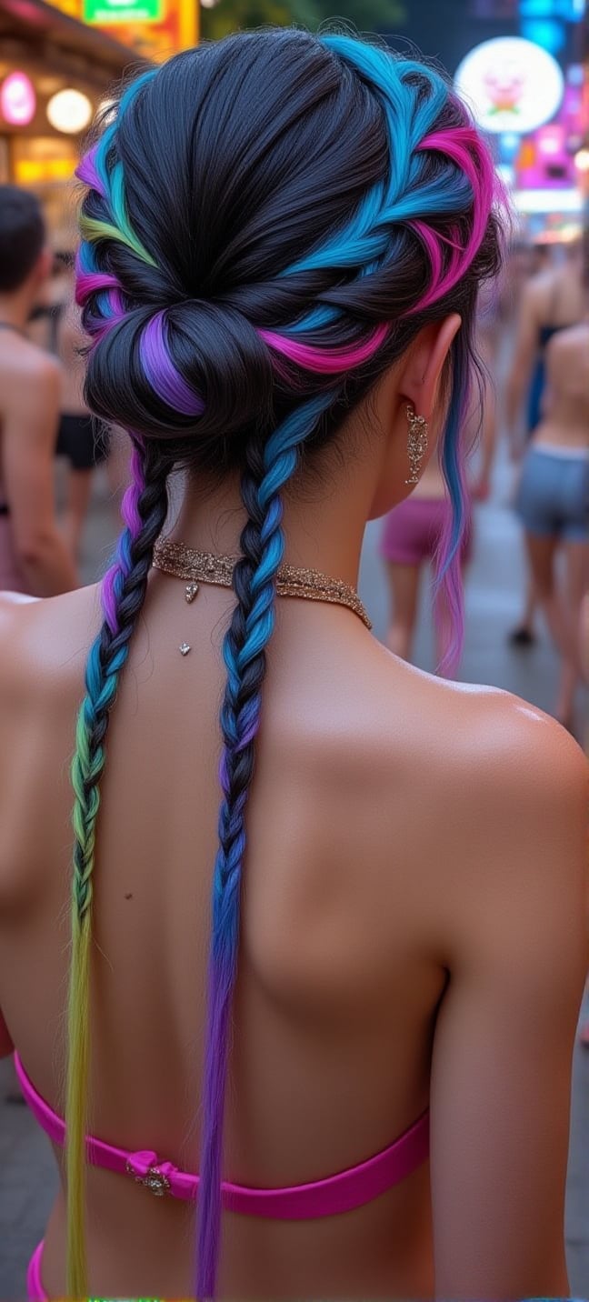 a gorgeous female with a modern bohemian hairstyle featuring a messy bun and two bubble braids, with black strands and blonde roots, transitioning into tight multicolored braids with intricate patterns and secured with small neon elastic bands, wearing no dress, barefoot, at a rave,BOOREAL,ek_ph0t0_b00ster,Fantasy detailers 