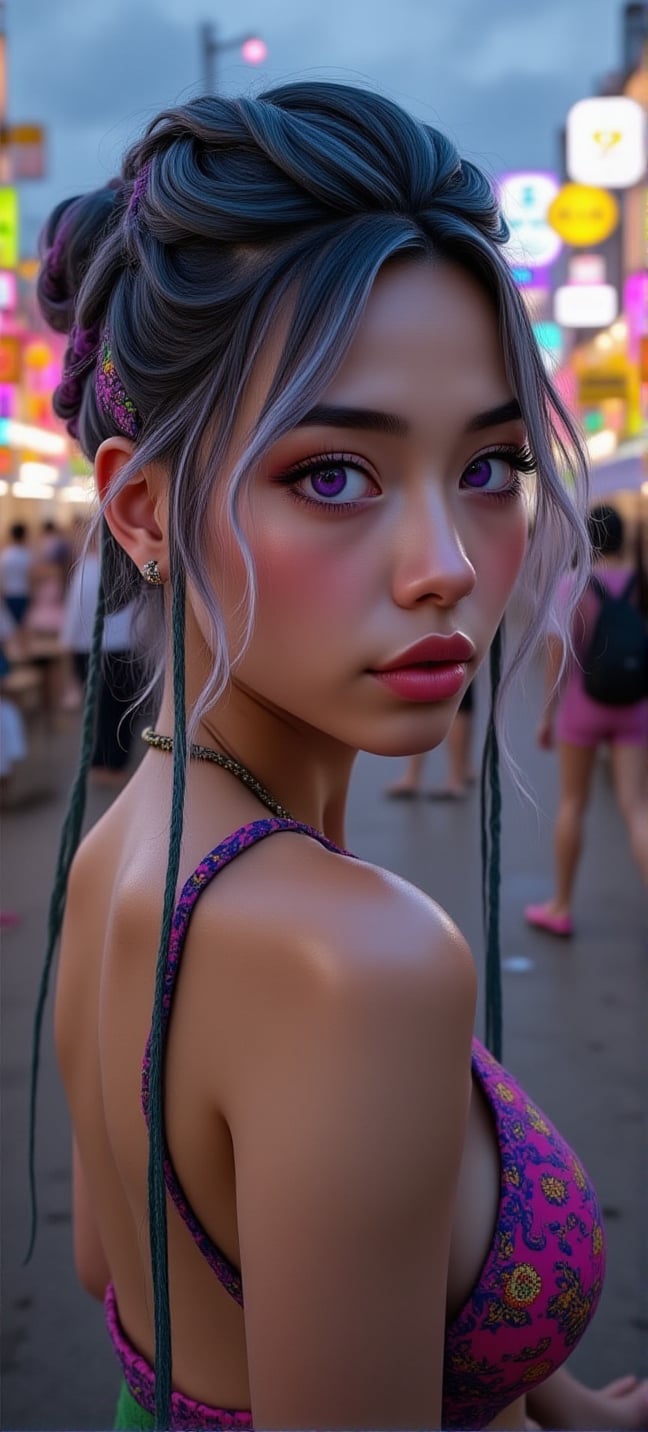 a gorgeous female with a modern bohemian hairstyle featuring a messy bun and two bubble braids, with black strands and blonde roots, transitioning into tight multicolored braids with intricate patterns and secured with small neon elastic bands, wearing no dress, barefoot, at a rave,BOOREAL,ek_ph0t0_b00ster,Fantasy detailers 