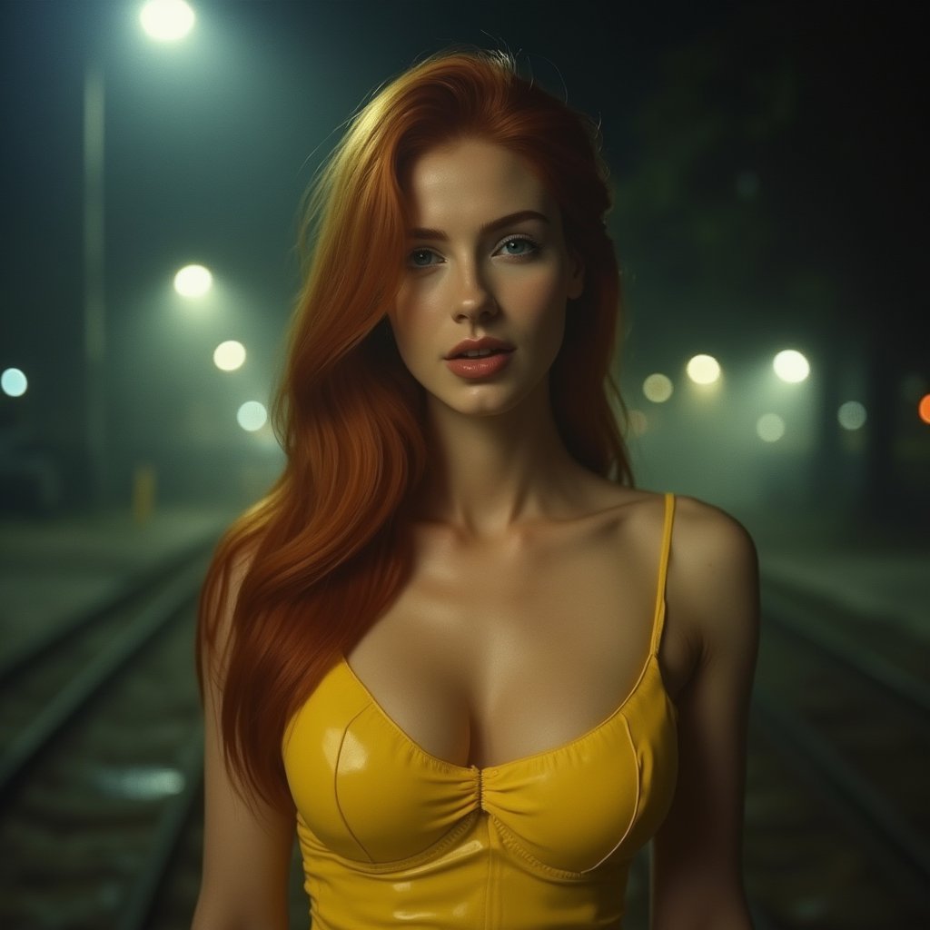 Wide angle 50's film photograph (soft light)(full-body view) of a gorgeous, big breasted, muscled, 25-years-old woman, very long red hair, enigmatic smile, beautiful, pale skin, attractive, wearing yellow latex skin-tight bodysuit.  background : night fog street. side light 