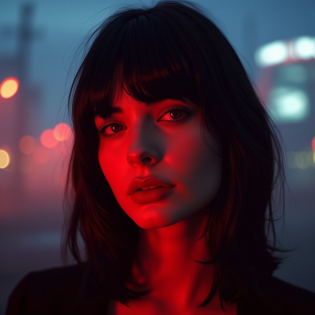 Close up Portrait of a gorgeous woman looking like Uma Thurman when she was 25 with black hair with a fringe. Red neon light coming on her face from the left. Background : blue hour and fog in the city.