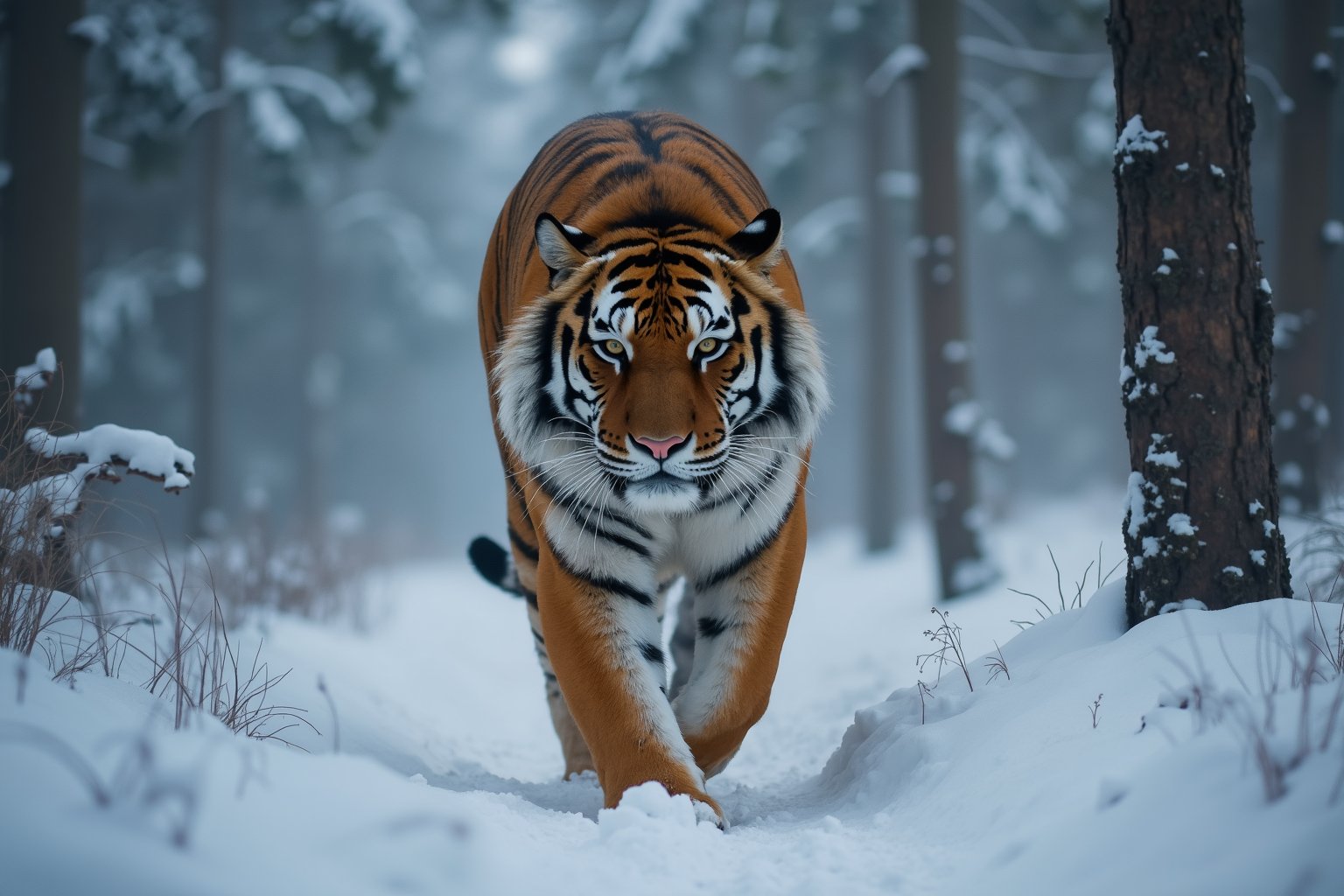 large Siberian tiger with thick fur walks through a foggy forest