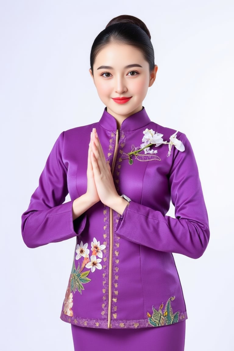  "Thai Airways" Portrait of A beautiful female flight attendant in a traditional Thai silk uniform, featuring a vibrant purple blouse and skirt with golden accents. She is standing Raise your hands in worship pressed together in a traditional Thai greeting (wai), smiling warmly. Her hair is neatly tied back, and she wears an elegant orchid flower accessory on her shoulder. The image is presented with a transparent background, focusing on the traditional attire and the graceful pose. Photorealistic rendering with detailed fabric textures and a vibrant color palette to highlight the elegance of Thai culture. "Air Hostess"
