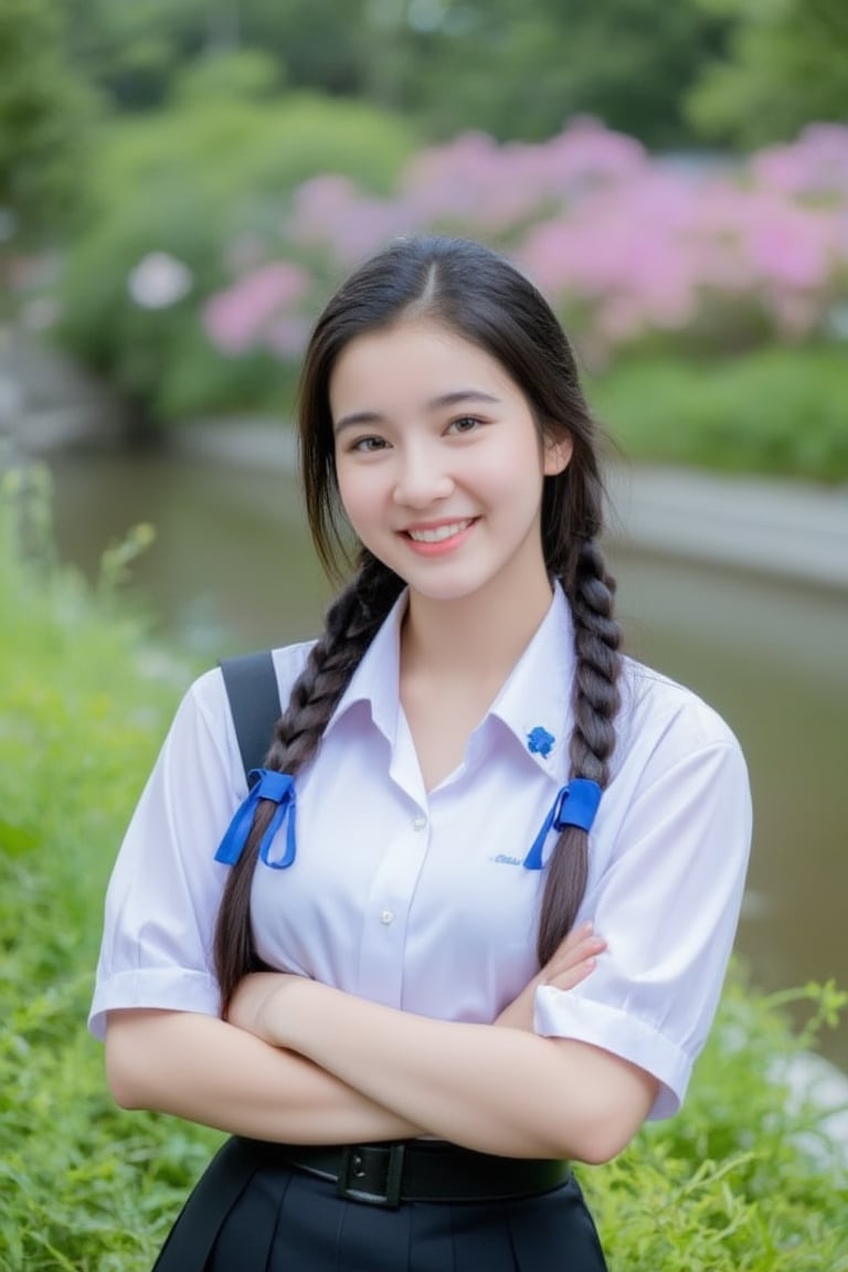 Portrait of a high school girl with shoulder-length hair, braided bangs tied with a blue bow, wearing a traditional Thai school uniform, a white short-sleeved shirt and a black skirt, standing by the water. She looks at the camera, has a charming, captivating smile, her arms are crossed and she seems to be enjoying the moment. The background is covered in flowers, suggesting that it may be a park or recreational area near the river.
