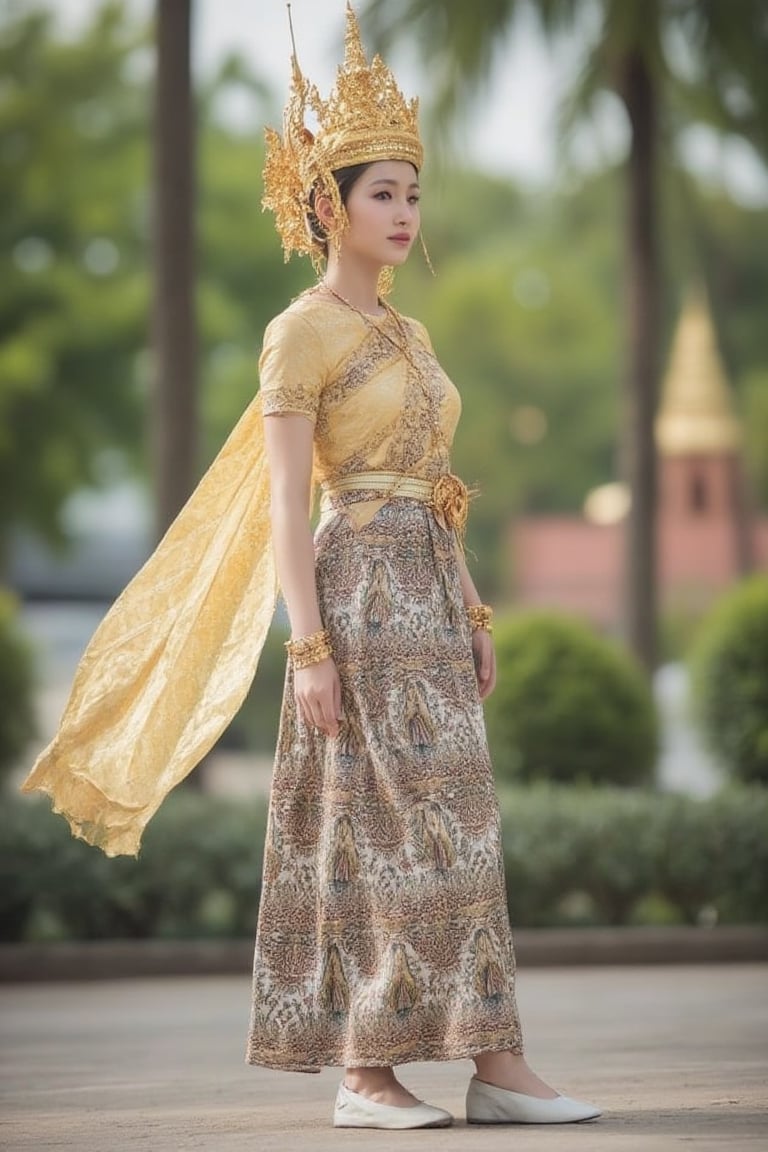 Portrait of a young woman wearing a Thai dress, Thai cloth, long skirt, standing in the middle of nature. The background is green trees and buildings. She wears white shoes Make this image bright and natural.