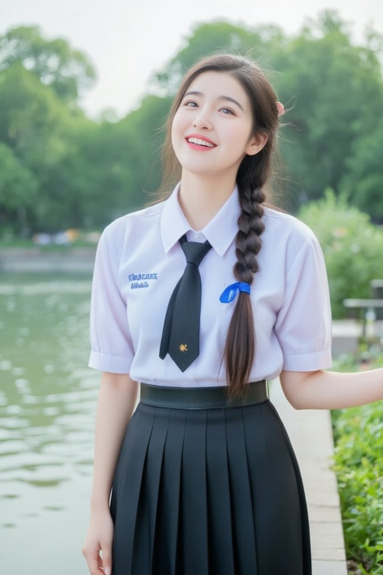 Prompt: A high school girl with long hair braided in a ponytail tied with a blue ribbon,wearing a white long-sleeved shirt with a short black tie and a long black skirt,, stands by the water. She looks up at the sky, smiles and seems to be enjoying the moment. The background has trees and flowers, suggesting that this may be a park or recreational area near the river.,
