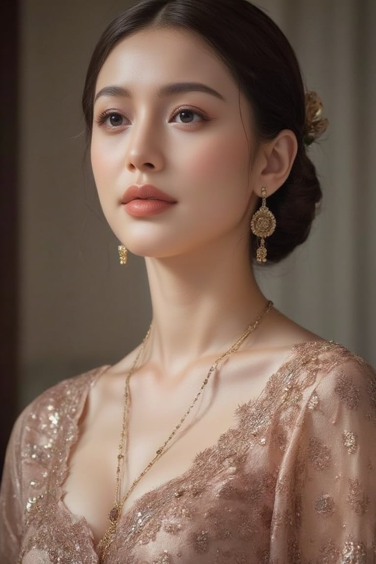 Portrait of หญิงสาวสวมใส่ชุดไทยผ้าไทยกระโปรงยาว ยืนโพสต์ท่าทางท่ามกลางธรรมชาติ โดยมีพื้นหลังเป็นต้นไม้สีเขียวและสิ่งปลูกสร้าง เธอสวมรองเท้าสีขาว ทำให้ภาพนี้มีความสดใสและดูเป็นธรรมชาติ