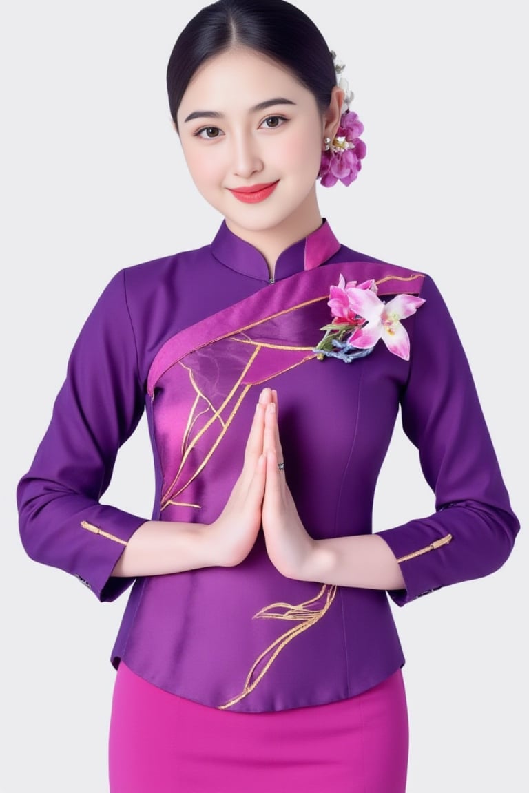 "Thai Airways" A beautiful female flight attendant in a traditional Thai silk uniform, featuring a vibrant purple blouse and skirt with golden accents. She is standing with her hands pressed together in a traditional Thai greeting (wai), smiling warmly. Her hair is neatly tied back, and she wears an elegant orchid flower accessory on her shoulder. The image is presented with a transparent background, focusing on the traditional attire and the graceful pose. Photorealistic rendering with detailed fabric textures and a vibrant color palette to highlight the elegance of Thai culture. "Air Hostess"
,
