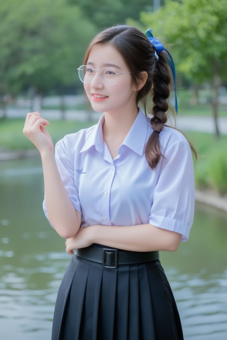 Portrait of A high school girl with long hair braided bangs hairstyle in a ponytail tied with a blue ribbon,wearing a white long-sleeved shirt with a short black tie and a long black skirt, clear-framed glasses. stands by the water. She looks at the movement pose, smiles and seems to be enjoying the moment. The background has trees and flowers, suggesting that this may be a park or recreational area near the river.