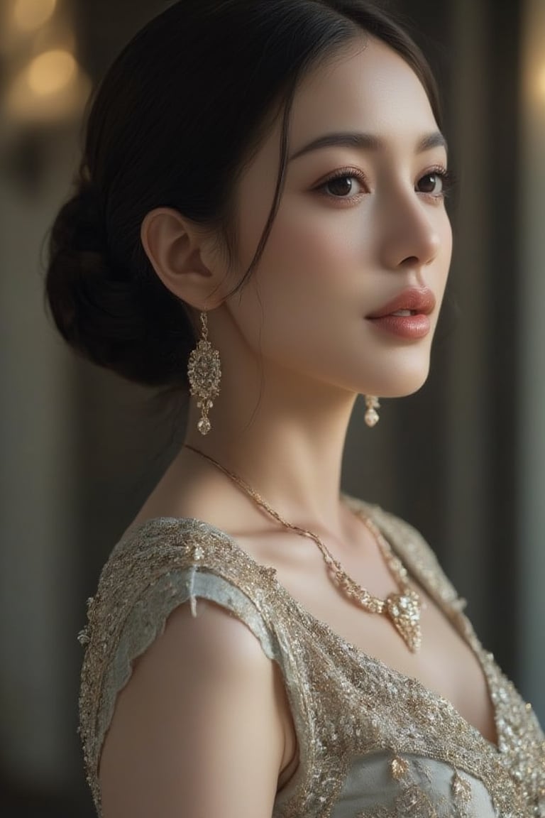 Portrait of หญิงสาวสวมใส่ชุดไทยผ้าไทยกระโปรงยาว ยืนโพสต์ท่าทางท่ามกลางธรรมชาติ โดยมีพื้นหลังเป็นต้นไม้สีเขียวและสิ่งปลูกสร้าง เธอสวมรองเท้าสีขาว ทำให้ภาพนี้มีความสดใสและดูเป็นธรรมชาติ