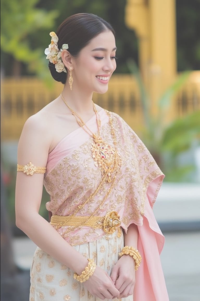 Portrait of A woman wearing a traditional Thai silk dress in soft pink and gold embroidery, accessorized with gold jewelry and a floral hairpiece. Her hair is neatly styled, and she is smiling gently in a bright and elegant setting, perfect for a formal occasion or ceremony.