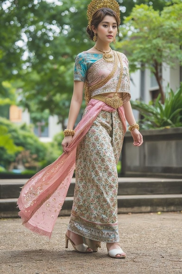 Portrait of a young woman wearing a Thai dress, Thai cloth, long skirt, standing in the middle of nature. The background is green trees and buildings. She wears white shoes Make this image bright and natural.