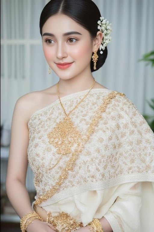 Portrait of A woman wearing a traditional Thai silk dress in soft White and gold embroidery, accessorized with gold jewelry and a floral hairpiece. Her hair is neatly styled, and she is smiling gently in a bright and elegant setting, perfect for a formal occasion or ceremony. Davika,davika