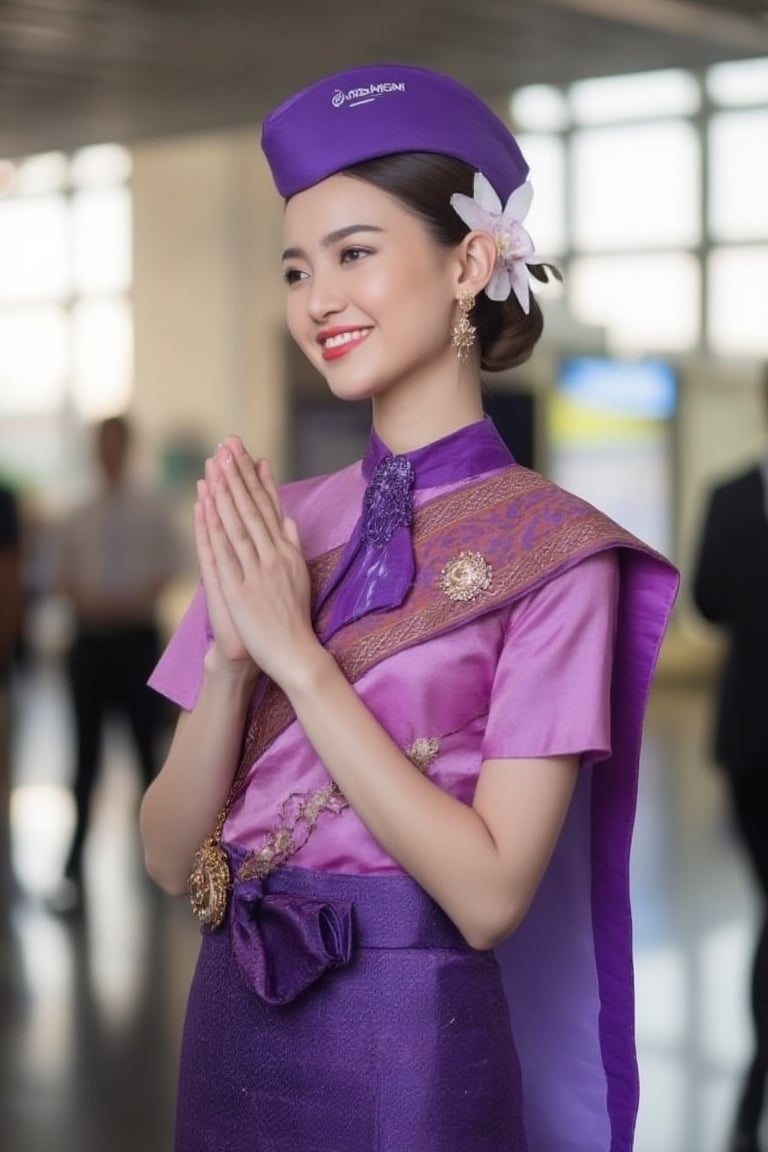 "Thai Airways" Beautiful flight attendant in Thai silk dress, purple blouse and skirt decorated with gold, standing with hands together in a Thai wai gesture, smiling brightly, hair tied neatly, wearing an orchid accessory on the shoulder, a tie around the neck, wearing a purple hat. The atmosphere in the airport passenger terminal emphasizes Thai dress and elegant gestures, conveyed realistically with detailed fabric and bright shades to emphasize the elegance of Thai culture. "Air Hostess"
