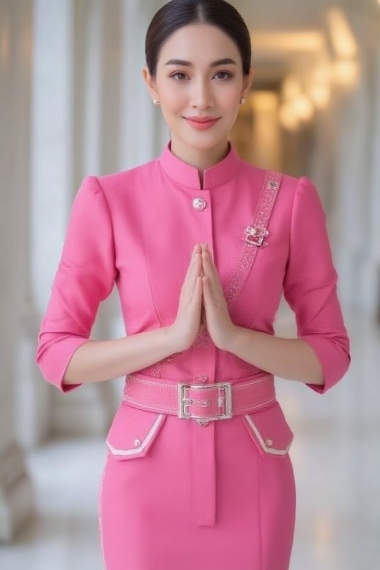 "THAI AIR" Portrait of a beautiful Thai woman, raising her hands in a wai to show respect. The confident young woman is dressed as a flight attendant in a modern and elegant pink uniform. The uniform is bright pink with white stripes on the skirt and three-quarter sleeves. She stands in a luxurious corridor, smiling brightly, her hair tied up neatly. The marble floor and pillars behind her radiate professionalism and elegance, emphasizing the "Thai greeting with hands together in a wai" gesture.