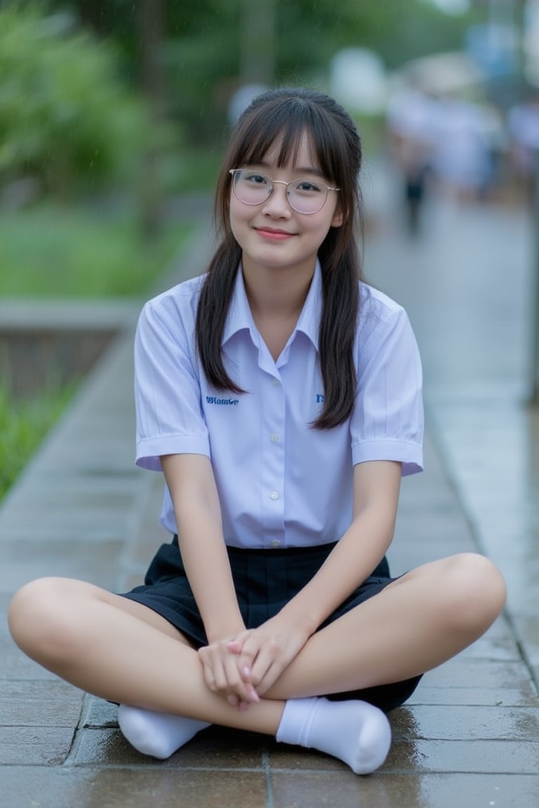 A young Asian woman is seated on a gray concrete sidewalk, She is wearing Thai high school uniform , and black shorts. Her hair is dark brown, and she's wearing a pair of eye glasses. The background is blurred, but it appears to be raining.,soft focus,white short sleeve shirt,black pleated skirt.