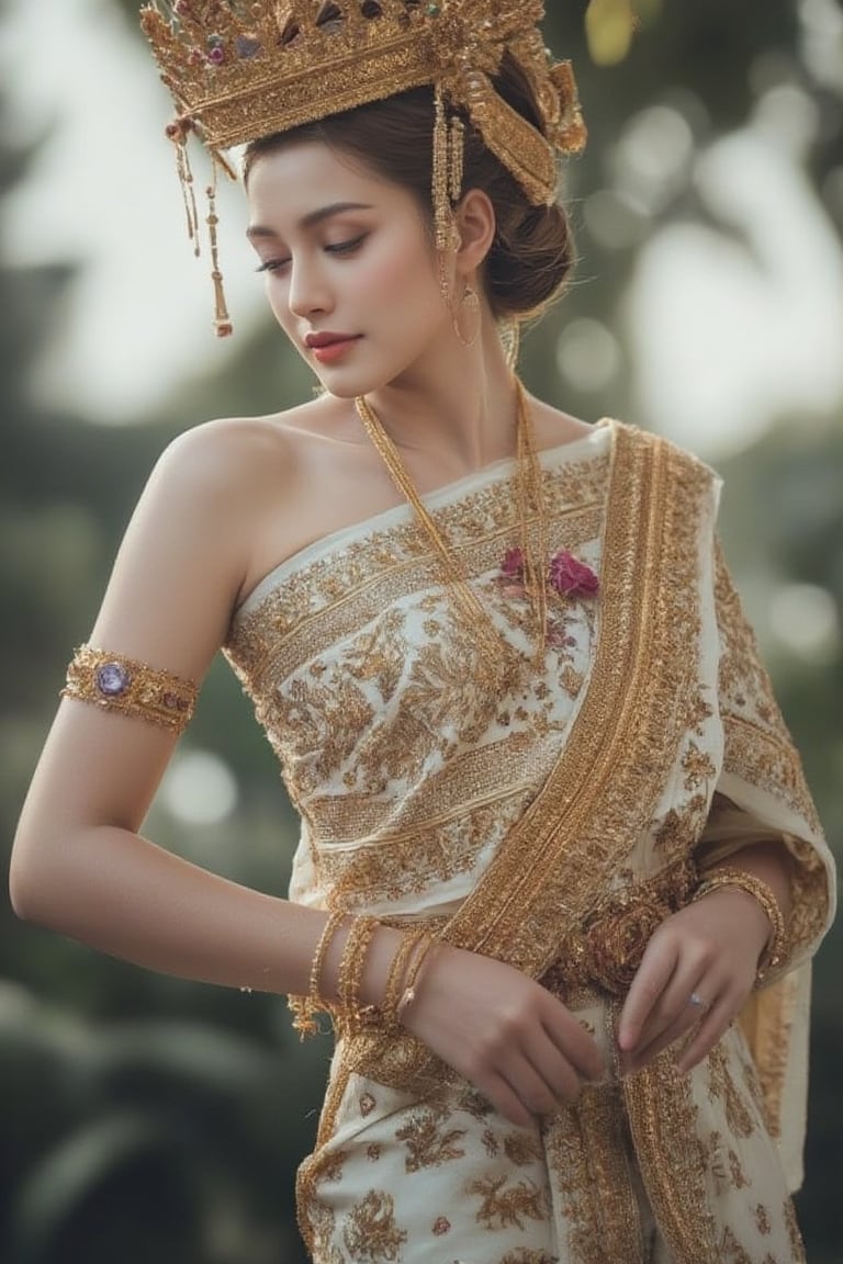 Portrait of หญิงสาวสวมใส่ชุดไทยผ้าไทยกระโปรงยาว ยืนโพสต์ท่าทางท่ามกลางธรรมชาติ โดยมีพื้นหลังเป็นต้นไม้สีเขียวและสิ่งปลูกสร้าง เธอสวมรองเท้าสีขาว ทำให้ภาพนี้มีความสดใสและดูเป็นธรรมชาติ