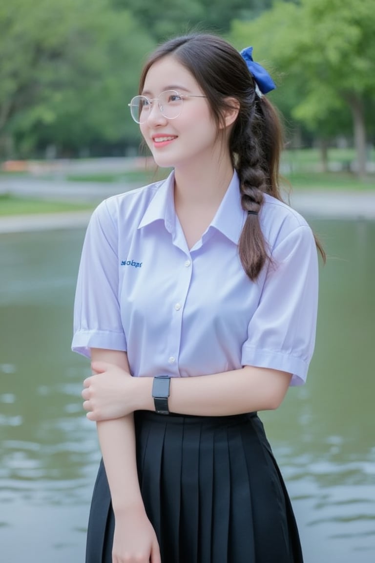 Portrait of A high school girl with long hair braided bangs hairstyle in a ponytail tied with a blue ribbon,wearing a white long-sleeved shirt with a short black tie and a long black skirt, clear-framed glasses. stands by the water. She looks kneel, smiles and seems to be enjoying the moment. The background has trees and flowers, suggesting that this may be a park or recreational area near the river.