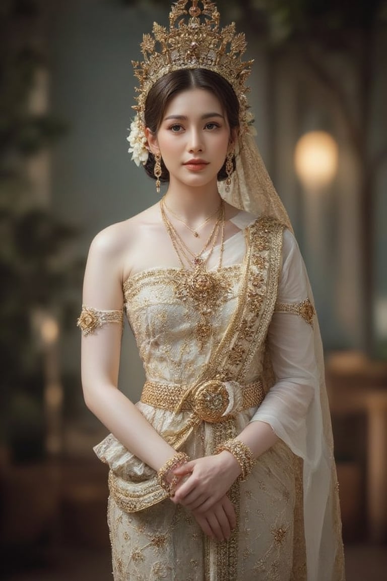 Portrait of หญิงสาวสวมใส่ชุดไทยผ้าไทยกระโปรงยาว ยืนโพสต์ท่าทางท่ามกลางธรรมชาติ โดยมีพื้นหลังเป็นต้นไม้สีเขียวและสิ่งปลูกสร้าง เธอสวมรองเท้าสีขาว ทำให้ภาพนี้มีความสดใสและดูเป็นธรรมชาติ