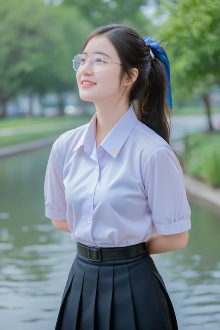 Portrait of A high school girl with long hair braided bangs hairstyle in a ponytail tied with a blue ribbon,wearing a white long-sleeved shirt with a short black tie and a long black skirt, clear-framed glasses. stands by the water. She looks up at the sky, smiles and seems to be enjoying the moment. The background has trees and flowers, suggesting that this may be a park or recreational area near the river.
