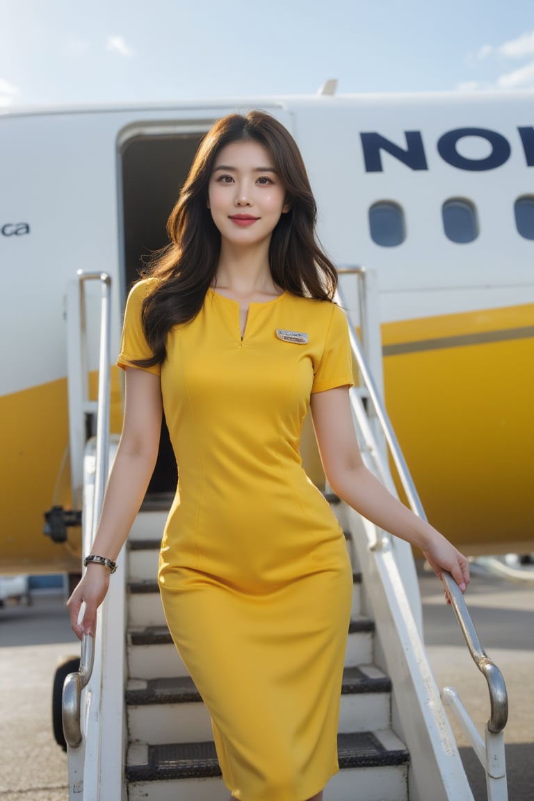 "NOK AIR" A woman wearing a flight attendant uniform stands thai on the stairs next to the plane. She is wearing a yellow dress and her hands are on the railing. The plane has a yellow and white exterior. The airport atmosphere.,Beautiful russian stewardess