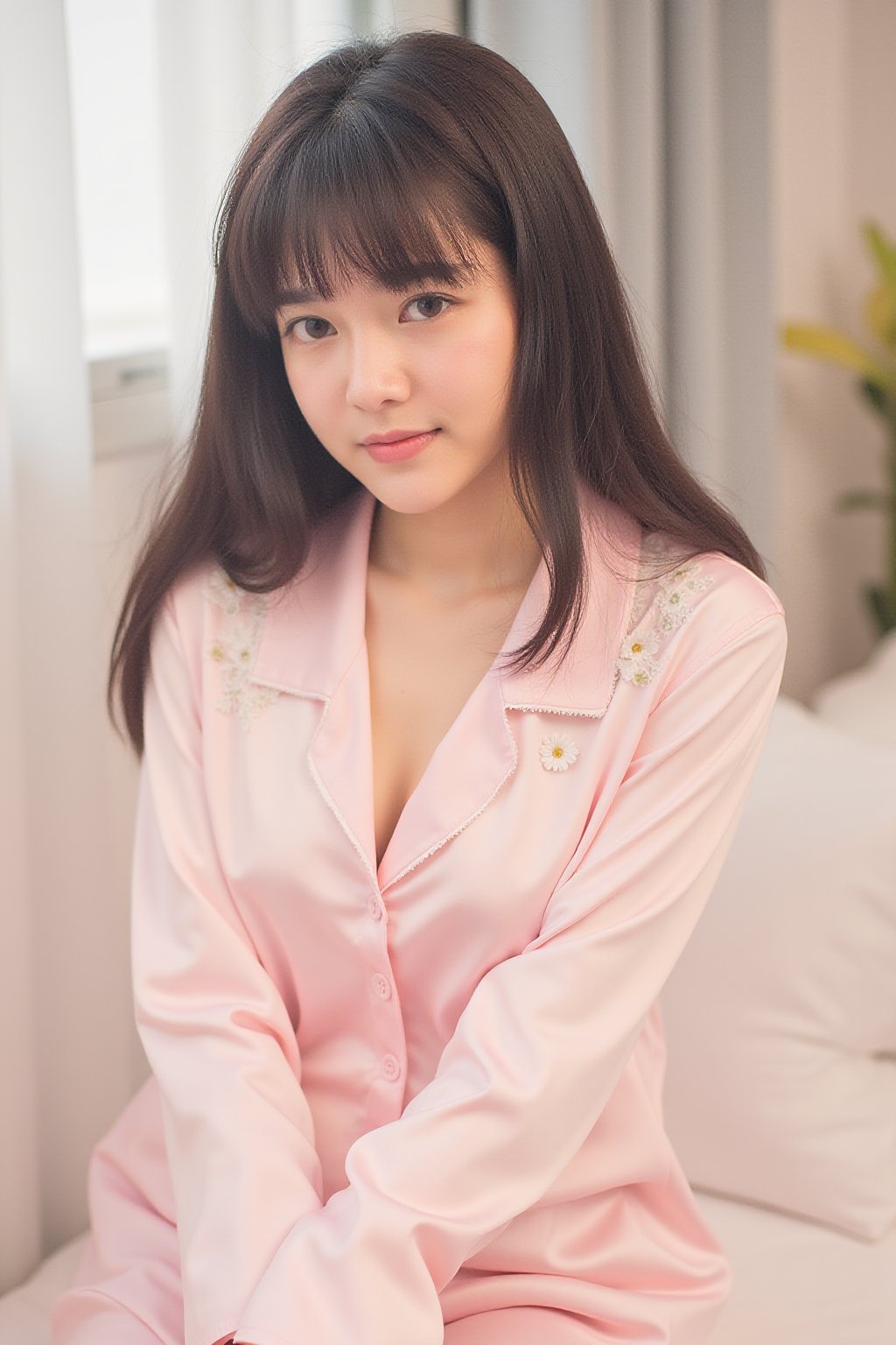 Thai girl, a picture of a young woman wearing a light pink satin one-piece nightgown. Small floral pattern and decorated with lace on the edge of the dress. The pajamas are so thin you can see inside. Atmosphere in the bedroom She sat on the bed with a gentle and comfortable expression.