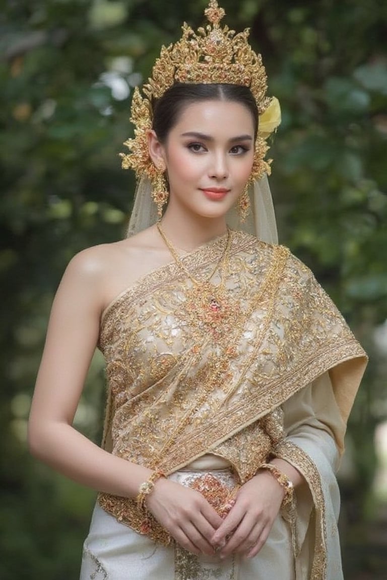 Portrait of หญิงสาวสวมเสื้อยืดสีขาวและกระโปรงสั้นสีดำ ทรงพีทเป็กลีบ ยืนโพสต์ท่าทางท่ามกลางธรรมชาติ โดยมีพื้นหลังเป็นต้นไม้สีเขียวและสิ่งปลูกสร้าง เธอสวมรองเท้าผ้าใบขาว ทำให้ภาพนี้มีความสดใสและดูเป็นธรรมชาติ