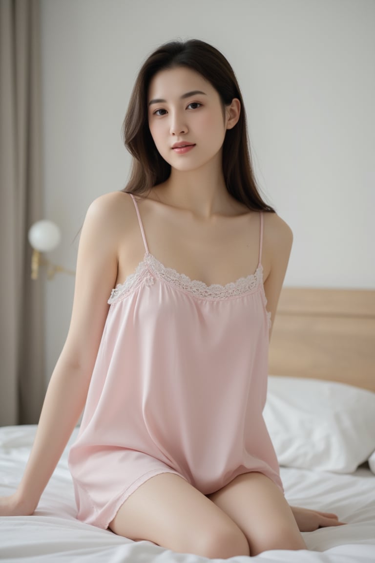 Thai girl, a picture of a young woman wearing a light pink satin one-piece nightgown. Small floral pattern and decorated with lace on the edge of the dress. The pajamas are so thin you can see inside. Atmosphere in the bedroom She sat on the bed with a gentle and comfortable expression.