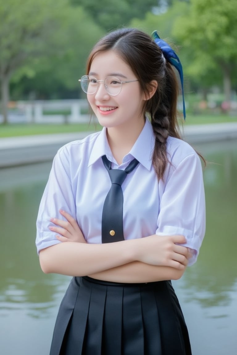 Portrait of A high school girl with long hair braided bangs hairstyle in a ponytail tied with a blue ribbon,wearing a white long-sleeved shirt with a short black tie and a long black skirt, clear-framed glasses. stands by the water. She looks crossed arms, smiles and seems to be enjoying the moment. The background has trees and flowers, suggesting that this may be a park or recreational area near the river.