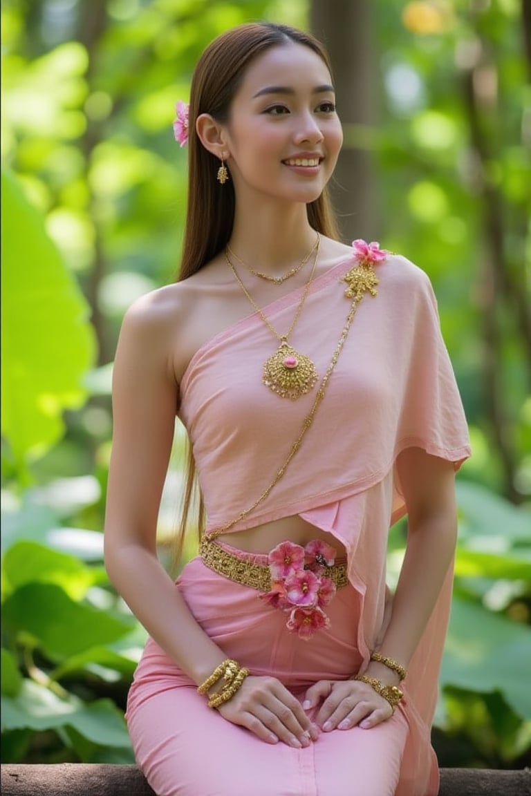 Portrait of Thai girl , slim body shape, navel, smile with dimples, mouth closed , flowers ornaments, light Pink Thai dress, sitting elegant in the forest, sunlight rays, necklaces, bracelets , shoulders shot