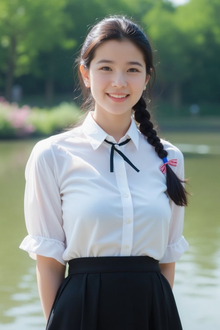 A high school girl with long hair braided in a ponytail tied with a blue ribbon, wearing a white shirt with a short black tie and a long black skirt, stands by the water. She was smiling, sweet, charming and seemed to be enjoying the moment. The background has trees and flowers, suggesting that this may be a park or recreational area near the river.