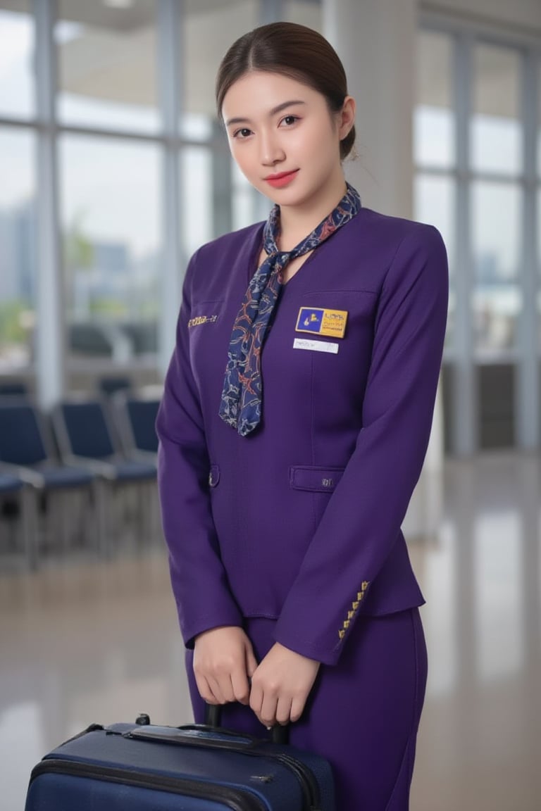 "Thai Airways" A beautiful female flight attendant in a traditional Thai silk uniform, A woman dressed as a flight attendant is pulling a suitcase through an airport terminal. She is wearing a purple uniform and has a tie on her neck. The terminal appears to be empty, with several chairs lined up in the background. "Air Hostess"
