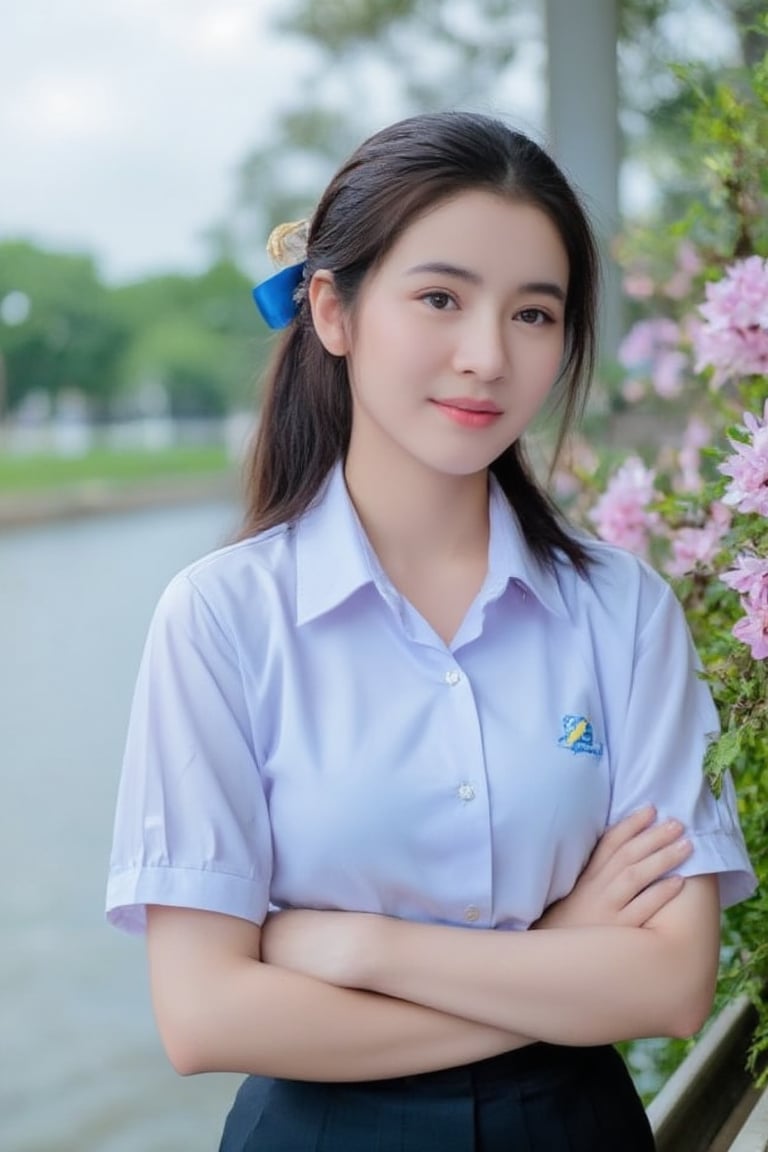 Portrait of a high school girl with shoulder-length hair, braided bangs tied with a blue bow, wearing a traditional Thai school uniform, a white short-sleeved shirt and a black skirt, standing by the water. She looks at the camera, has a charming, captivating smile, her arms are crossed and she seems to be enjoying the moment. The background is covered in flowers, suggesting that it may be a park or recreational area near the river.
