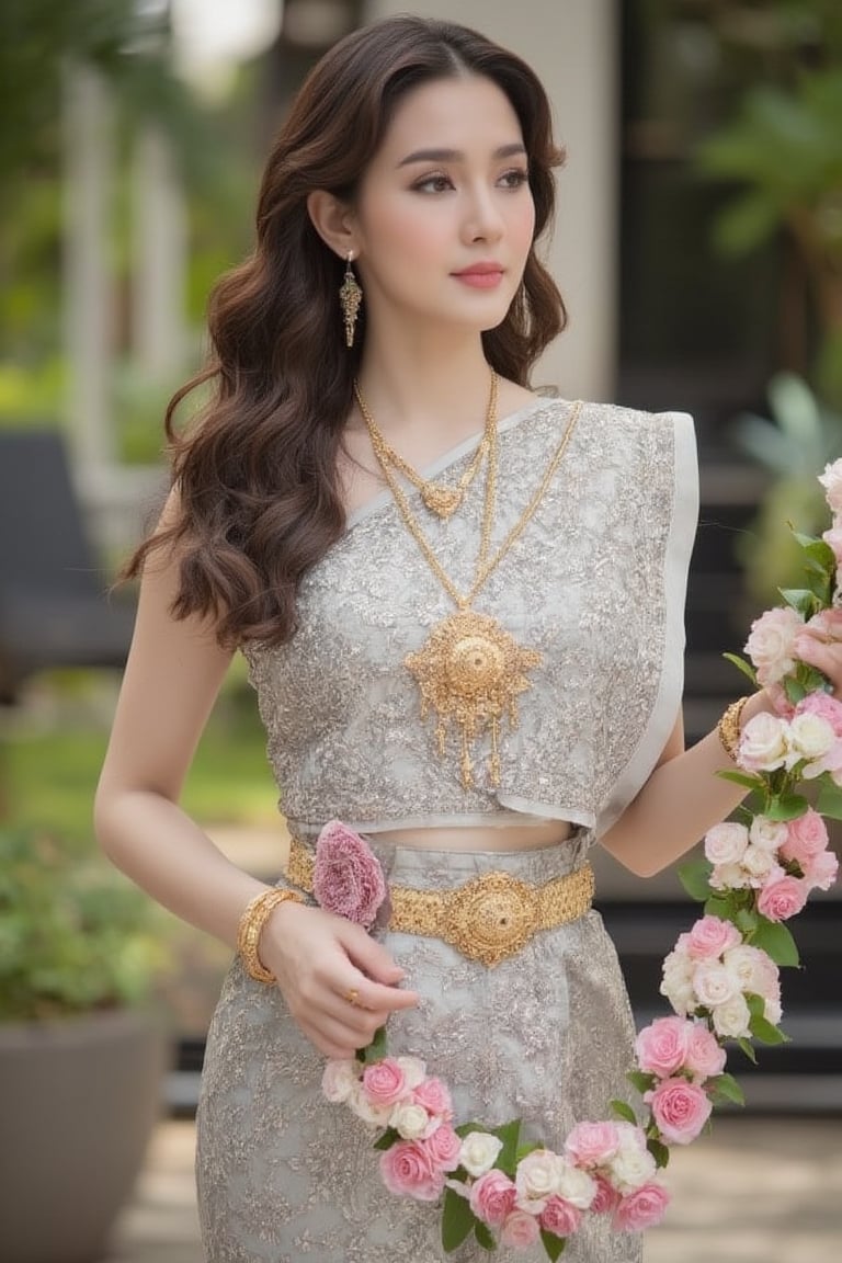 Portrait of a young woman wearing a light silver Thai traditional dress with a detailed and beautiful pattern. Long, naturally curly hair Wear light gold jewelry that looks elegant. and holding a pink flower garland decorated with jasmine flowers Amidst the atmosphere of a modern style house that looks elegant.