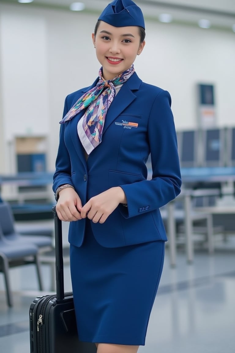 "Thai Airways" A beautiful female flight attendant in a traditional Thai silk uniform, A woman dressed as a flight attendant is pulling a suitcase through an airport terminal. She is wearing a blue uniform and has a tie on her neck. The terminal appears to be empty, with several chairs lined up in the background.
