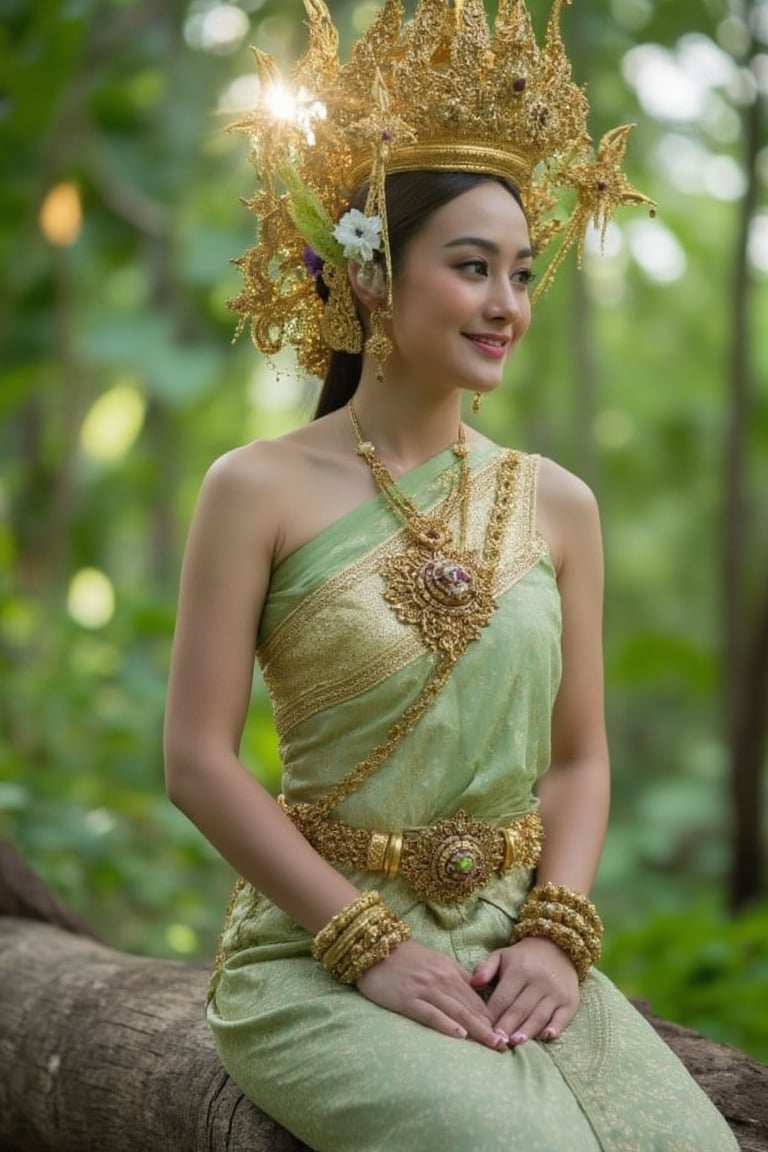 Portrait of Thai girl , slim body shape, navel, smile with dimples, mouth closed , flowers ornaments, light green Thai dress, sitting elegant in the forest, sunlight rays, necklaces, bracelets , shoulders shot