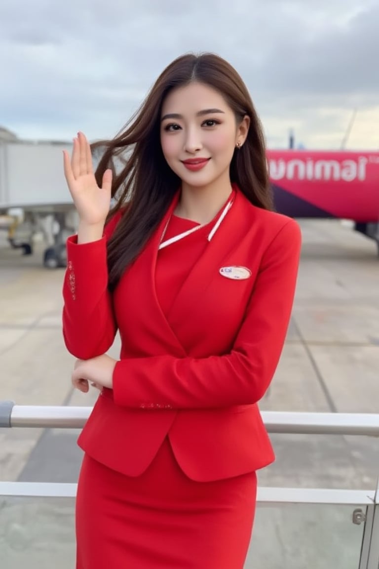 Prompt: "AIR ASIAN" Portrait of A air hostess beautiful female flight attendant standing confidently in front of an airplane at the airport. She is wearing a bright red uniform with a fitted blazer and skirt, accessorized with a name tag and a smartwatch. Stand with hands together and make a Thai-style salutation gesture. have a bright smile. Her long dark hair is styled loosely, and she has a friendly smile. The airplane in the background features a red and white color scheme, with visible branding. The setting is an outdoor airport terminal with a cloudy sky. Photorealistic rendering.  "air hostess beautiful" ,
