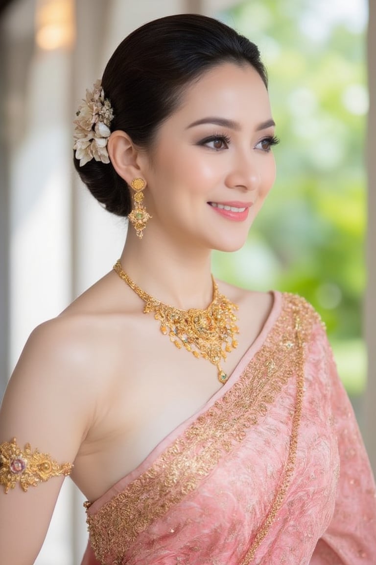 Portrait of A woman wearing a traditional Thai silk dress in soft pink and gold embroidery, accessorized with gold jewelry and a floral hairpiece. Her hair is neatly styled, and she is smiling gently in a bright and elegant setting, perfect for a formal occasion or ceremony.