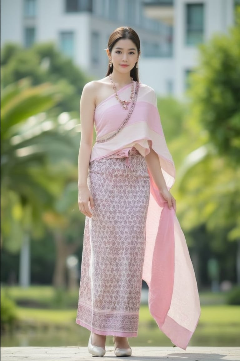 Portrait of a young woman wearing a Thai dress, Thai cloth, long skirt. Has long hair pulled back in front Standing and posing in the middle of nature The background is green trees and buildings. She wears white shoes Make this image bright and natural.