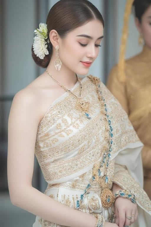 Portrait of A woman wearing a traditional Thai silk dress in soft White and gold embroidery, accessorized with-blue jewelry and a floral hairpiece. Her hair is neatly styled, and she is smiling gently in a bright and elegant setting, perfect for a formal occasion or ceremony.