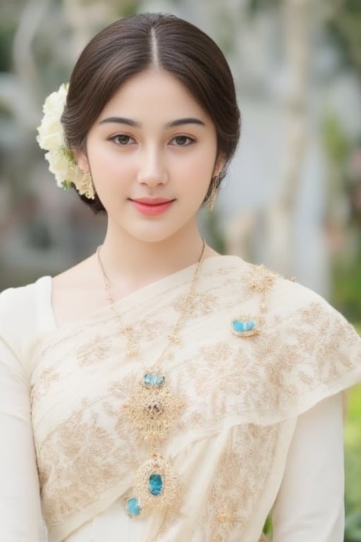 Portrait of A woman wearing a traditional Thai silk dress in soft White and gold embroidery, accessorized with-blue jewelry and a floral hairpiece. Her hair is neatly styled, and she is smiling gently in a bright and elegant setting, perfect for a formal occasion or ceremony.,Thai dress,soft focus,blurry foreground