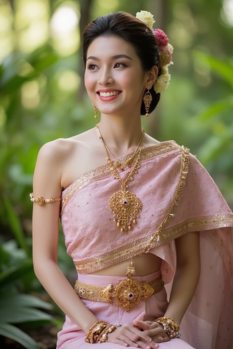 Portrait of Thai girl , slim body shape, navel, smile with dimples, mouth closed , flowers ornaments, light Pink Thai dress, sitting elegant in the forest, sunlight rays, necklaces, bracelets , shoulders shot