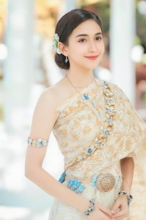 Portrait of A woman wearing a traditional Thai silk dress in soft White and gold embroidery, accessorized with-blue jewelry and a floral hairpiece. Her hair is neatly styled, and she is smiling gently in a bright and elegant setting, perfect for a formal occasion or ceremony.,Thai dress,soft focus,blurry foreground