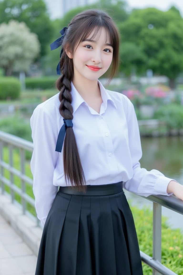 Prompt: A high school girl with long hair braided in a ponytail tied with a blue ribbon, wearing a white  long-sleeved shirt white shirt with a short black tie and a long black skirt, stands by the water. She was smiling, sweet, charming and seemed to be enjoying the moment. The background has trees and flowers, suggesting that this may be a park or recreational area near the river.,
