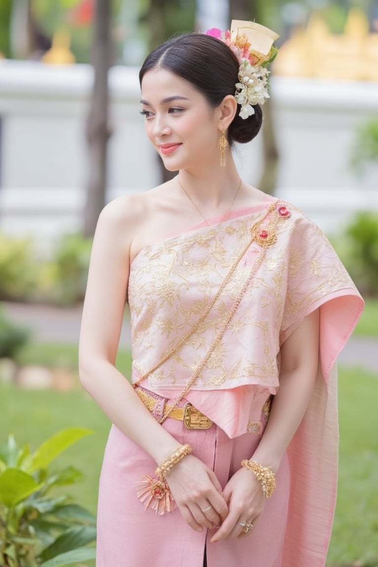 Portrait of A woman wearing a traditional Thai silk dress in soft pink and gold embroidery, accessorized with gold jewelry and a floral hairpiece. Her hair is neatly styled, and she is smiling gently in a bright and elegant setting, perfect for a formal occasion or ceremony.