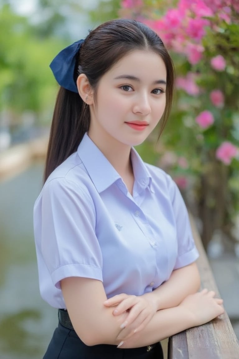 Portrait of a high school girl with shoulder-length hair, braided bangs tied with a blue bow, wearing a traditional Thai school uniform, a white short-sleeved shirt and a black skirt, standing by the water. She looks at the camera, has a charming, captivating smile, her arms are crossed and she seems to be enjoying the moment. The background is covered in flowers, suggesting that it may be a park or recreational area near the river.
