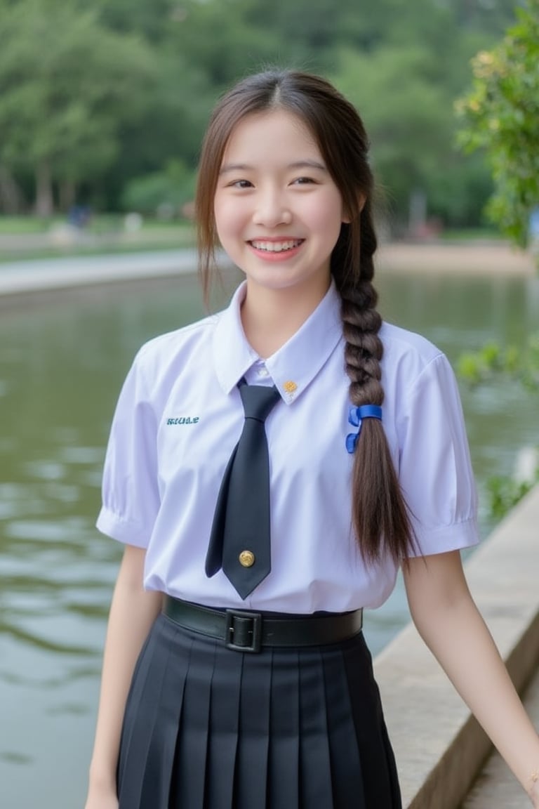 A high school girl with long hair braided in a ponytail tied with a blue ribbon, wearing a white shirt with a short black tie and a long black skirt, stands by the water. She was smiling, sweet, charming and seemed to be enjoying the moment. The background has trees and flowers, suggesting that this may be a park or recreational area near the river.