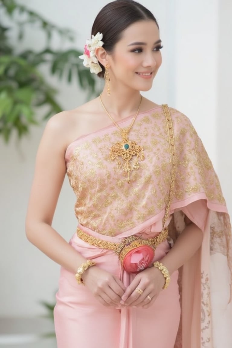 Portrait of A woman wearing a traditional Thai silk dress in soft pink and gold embroidery, accessorized with gold jewelry and a floral hairpiece. Her hair is neatly styled, and she is smiling gently in a bright and elegant setting, perfect for a formal occasion or ceremony.