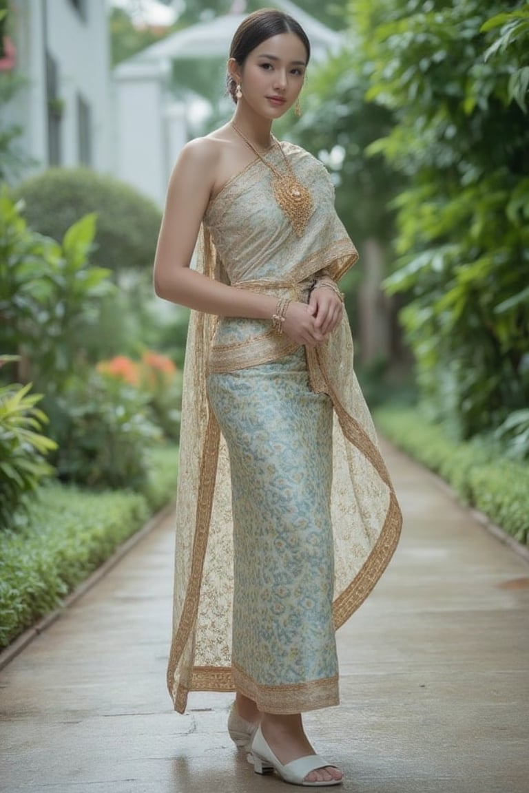 Portrait of a young woman wearing a Thai dress, Thai cloth, long skirt, standing in the middle of nature. The background is green trees and buildings. She wears white shoes Make this image bright and natural.