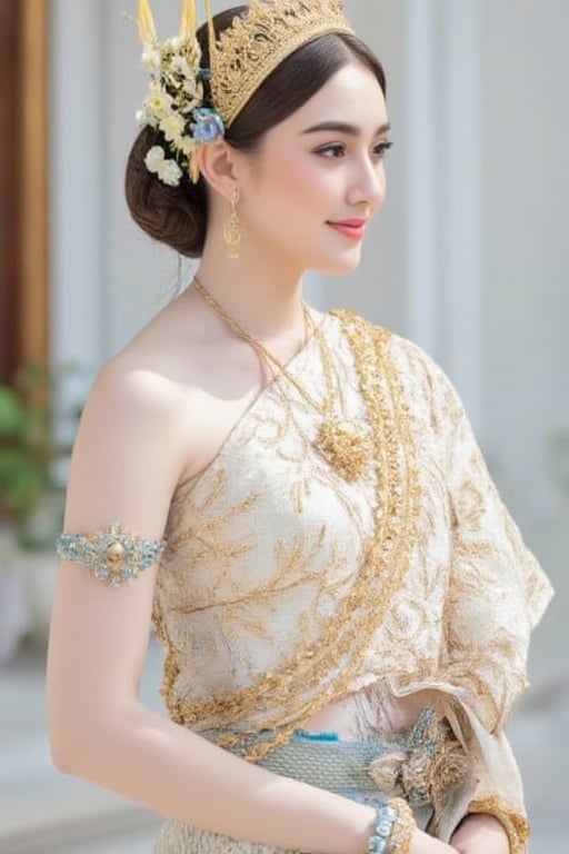 Portrait of A woman wearing a traditional Thai silk dress in soft White and gold embroidery, accessorized with-blue jewelry and a floral hairpiece. Her hair is neatly styled, and she is smiling gently in a bright and elegant setting, perfect for a formal occasion or ceremony.